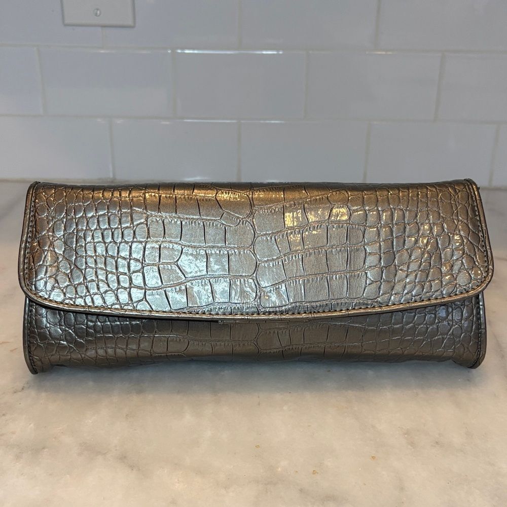 Ann Taylor LOFT purse silver metallic crocodile-embossed envelope clutch bag